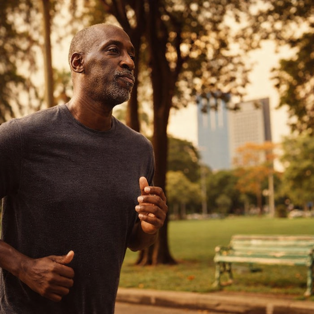 นักวิ่งกำลังฝึกซ้อมคุมโซนหัวใจในสวนสาธารณะช่วงเช้า