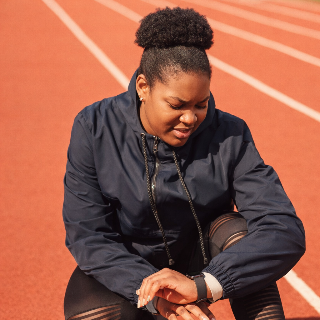 นักวิ่งมาราธอนกำลังเช็คเวลาบนนาฬิกาจีพีเอสที่ลู่วิ่ง