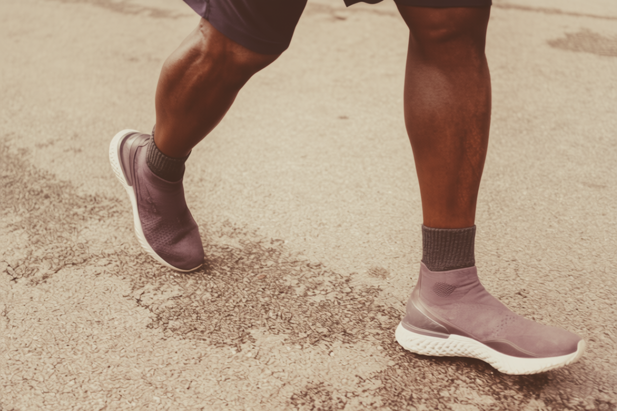 นักวิ่งใส่รองเท้าวิ่งสีสะท้อนแสงพื้นหนาที่สวนลุมพินี