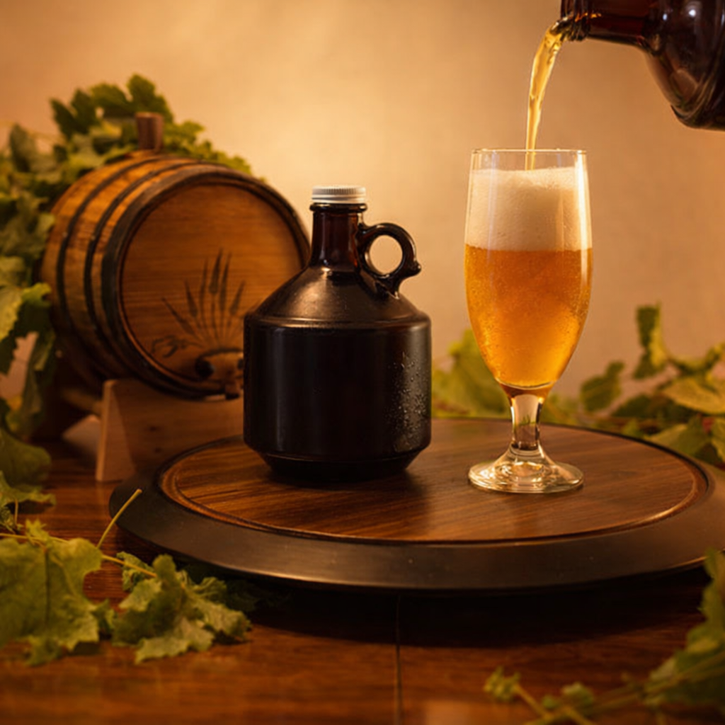 Golden amber beer is poured into