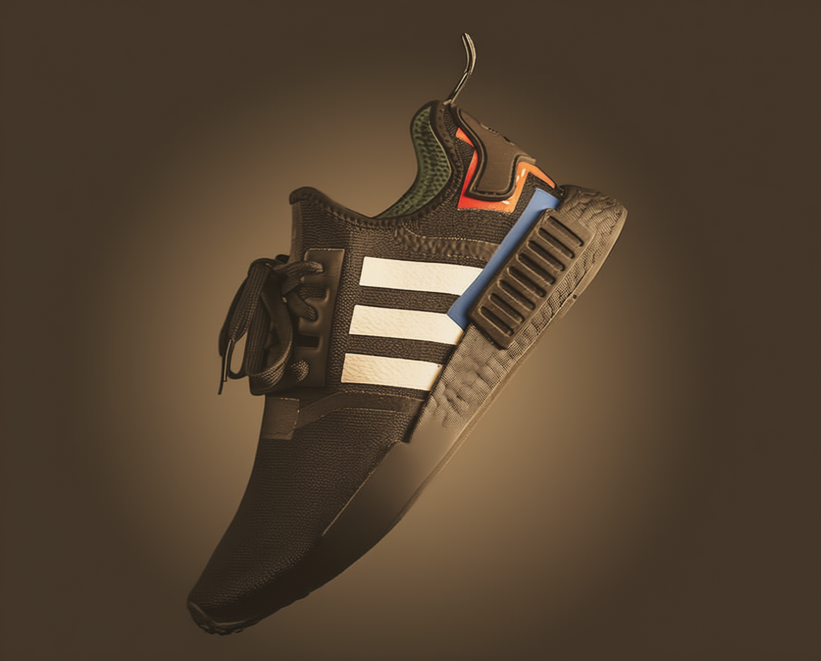 A stylish black sneaker with prominent