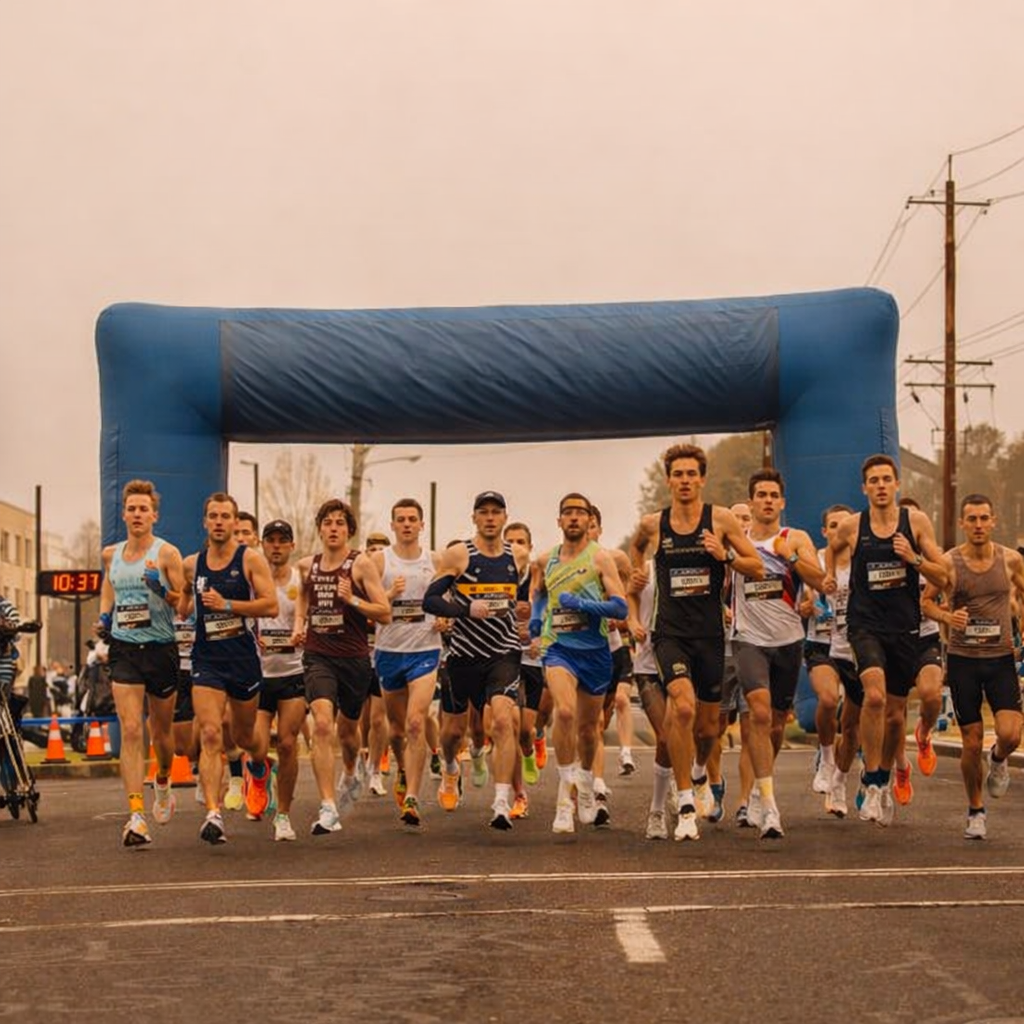 Runners in colorful gear power