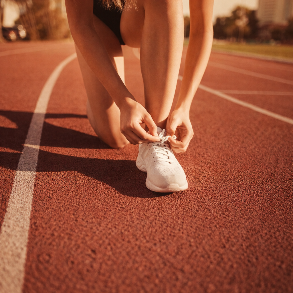 นักวิ่งที่กำลังพักเหนื่อยเอามือจับเข่าบนลู่วิ่ง