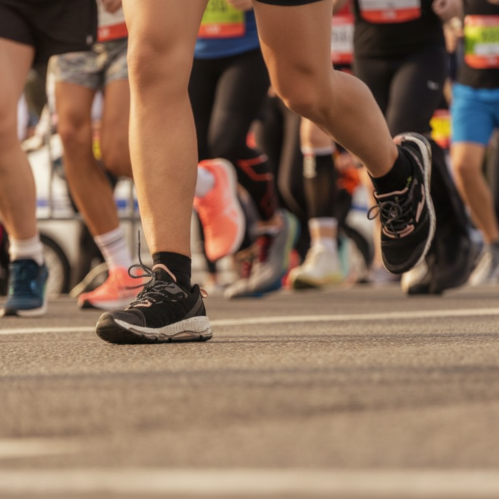 Runners don colorful Nike Vapor shoes, capturing the spirit of a vibrant marathon. The close-up shot highlights dynamic movement, showcasing the sleek design and performance-focused footwear amidst a bustling athletic crowd.