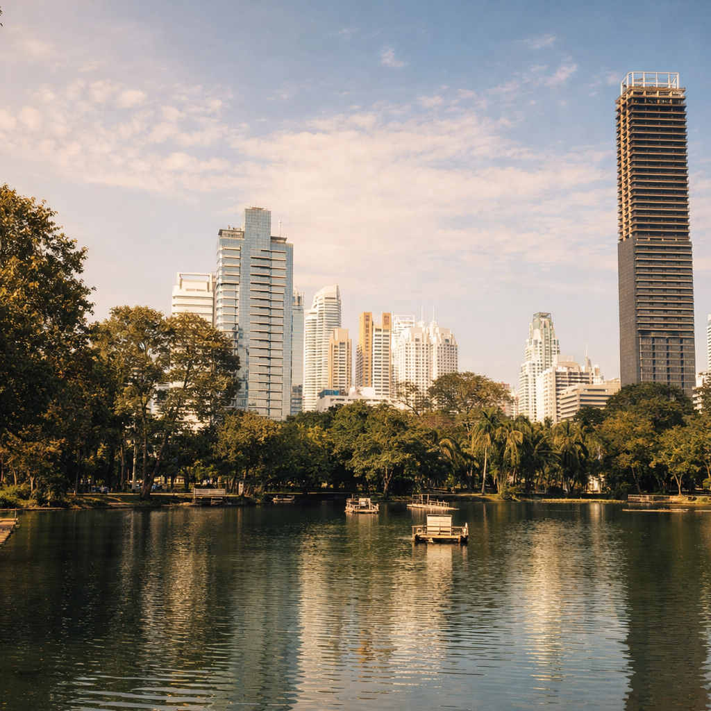 A serene park lake reflects modern