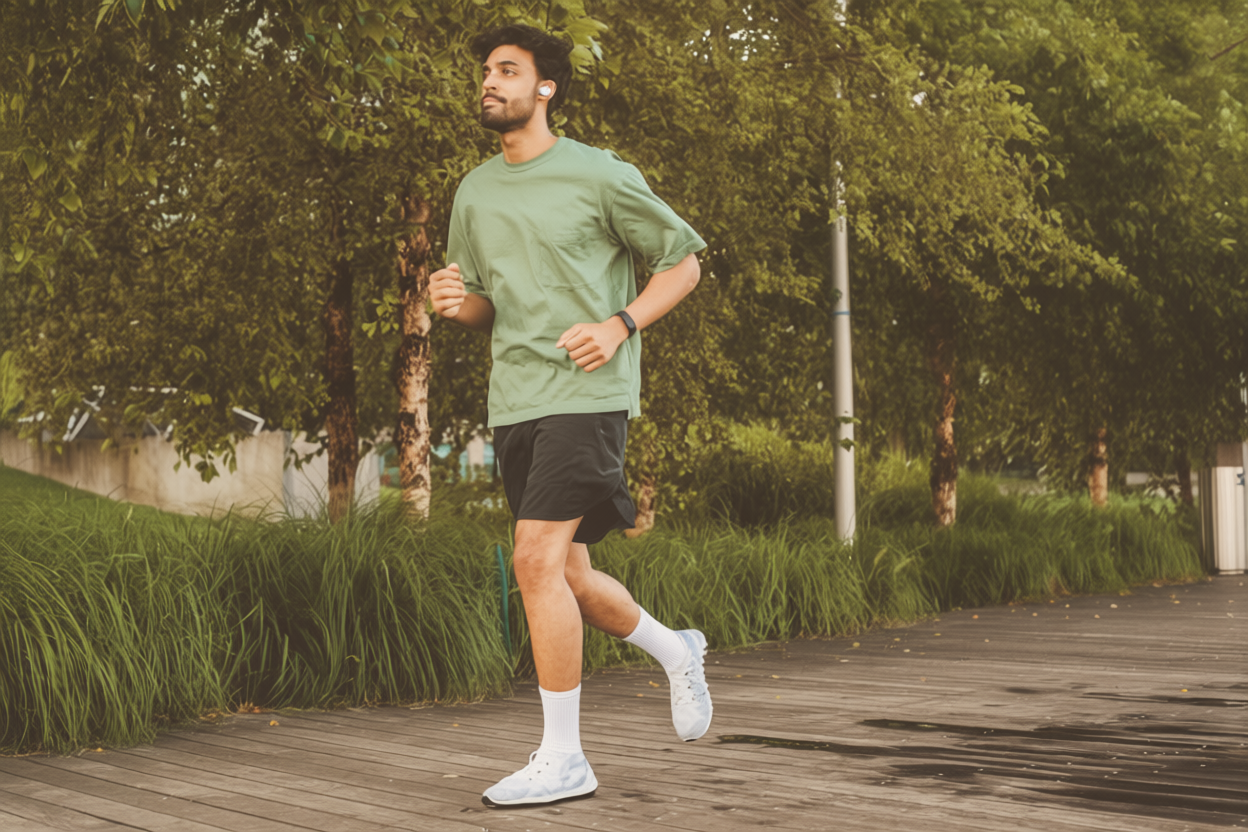 A determined runner, wearing a