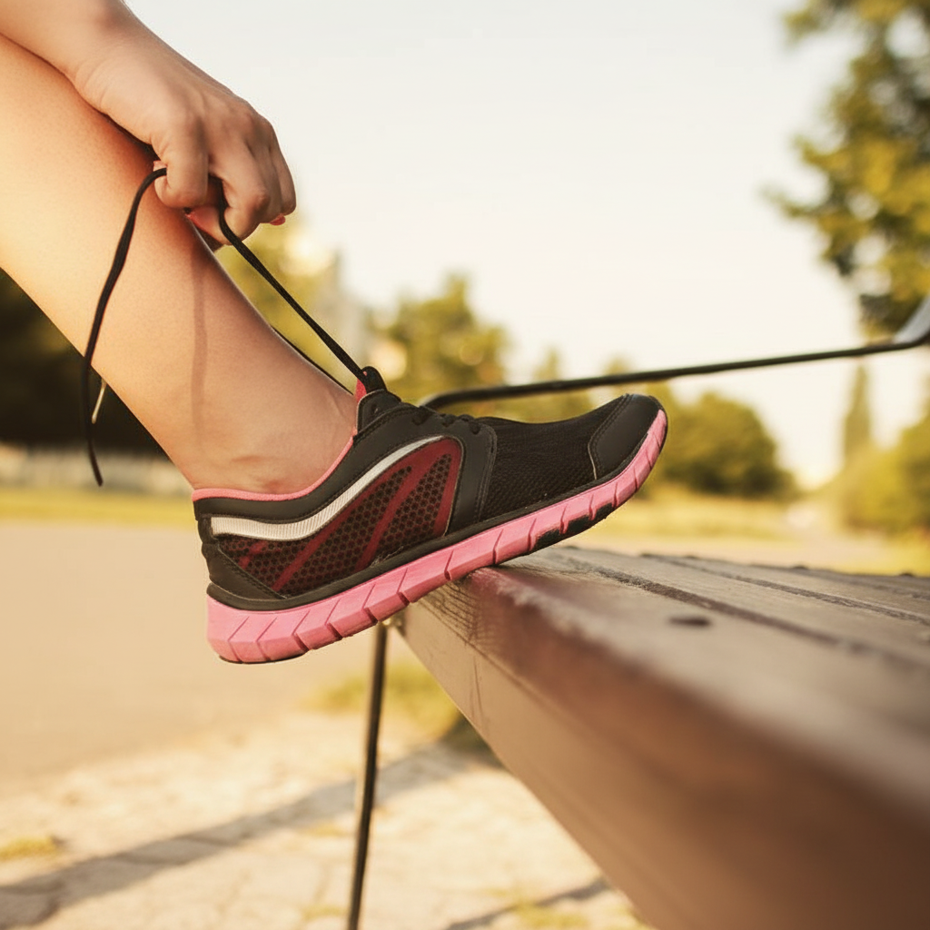 นักวิ่งกำลังผูกเชือกรองเท้าเตรียมพร้อมในตอนเช้า