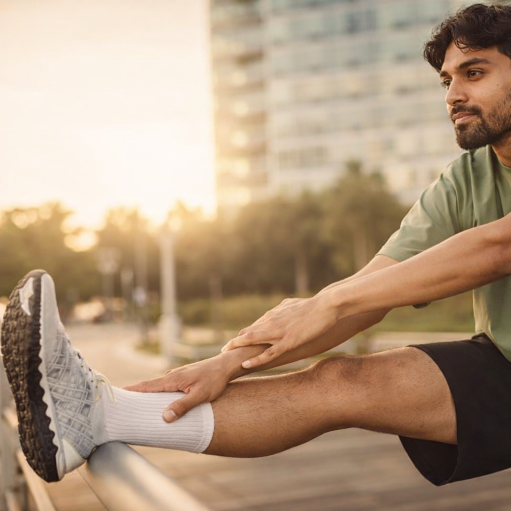 นักวิ่งนั่งยืดกล้ามเนื้อบนม้านั่งในสวนสาธารณะ โฟกัสที่รองเท้าวิ่ง