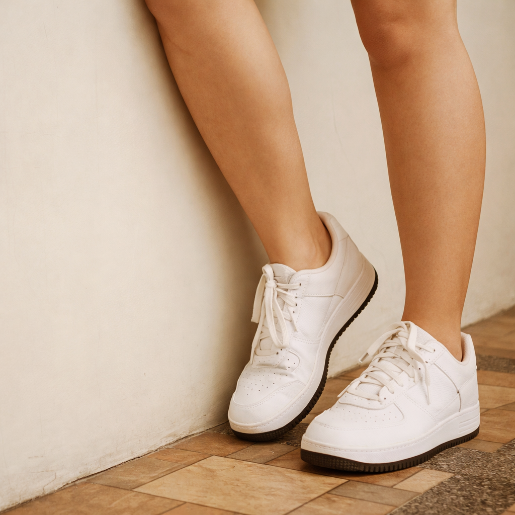 ภาพโคลสอัปคนใส่รองเท้าสนีกเกอร์ยืนดูงานศิลปะในแกลเลอรี